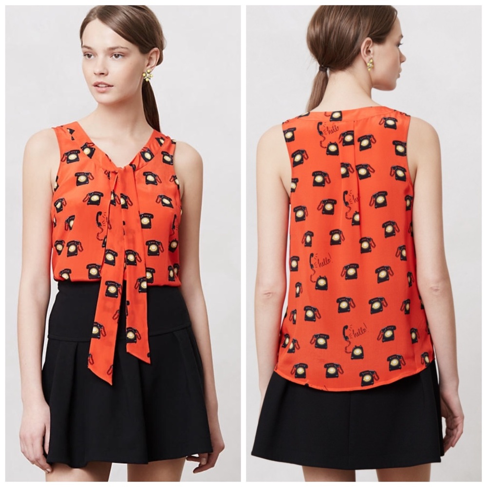 Anthropologie Orange Telephone Print Tie-Neck Sleeveless Top